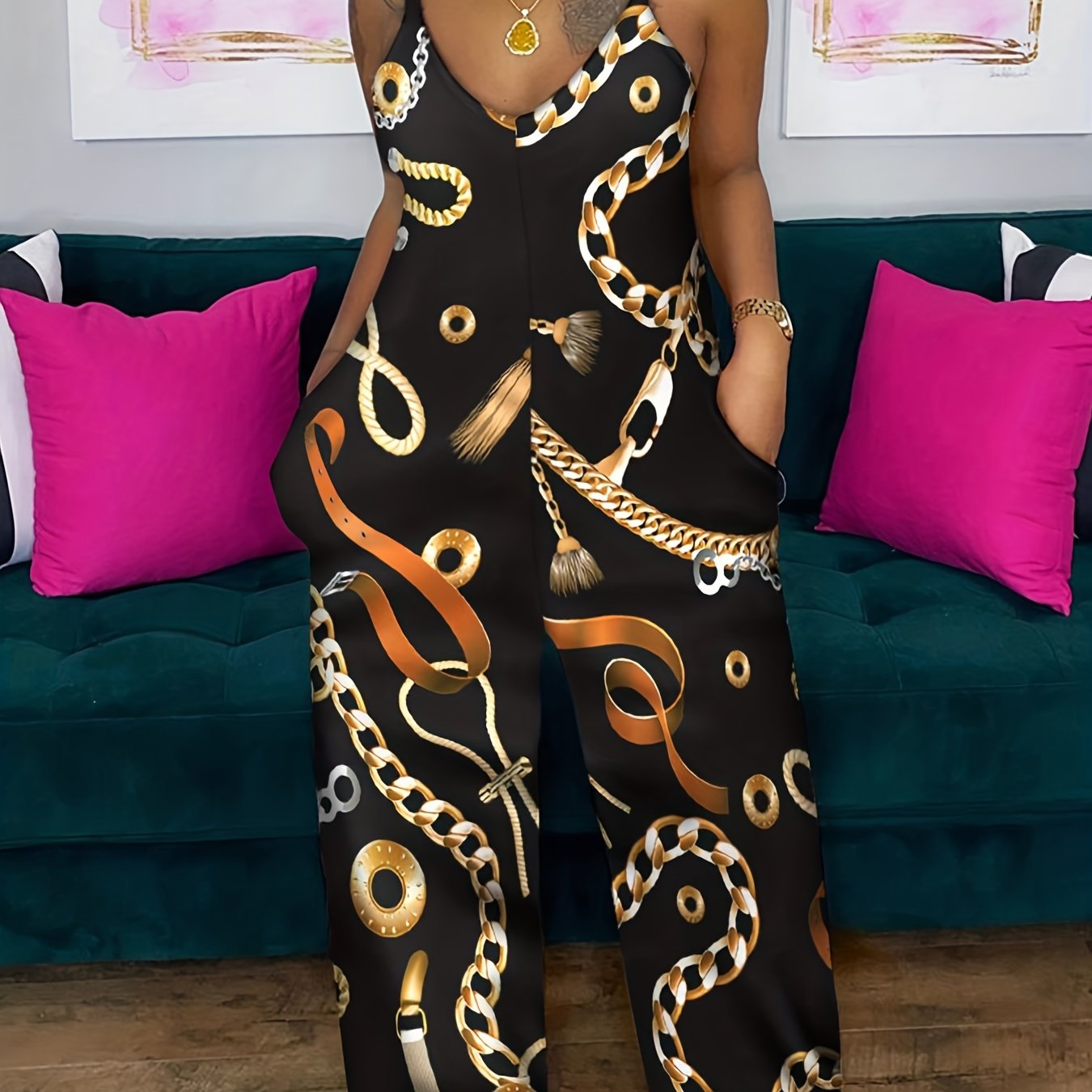 Chain Print V Neck Backless Wide Leg Plus Size Jumpsuit