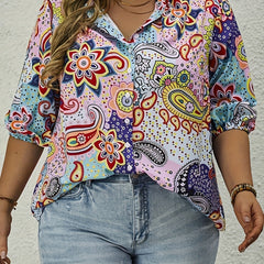  Paisley Floral Boho Blouse Button Up Mock Neck Shirt