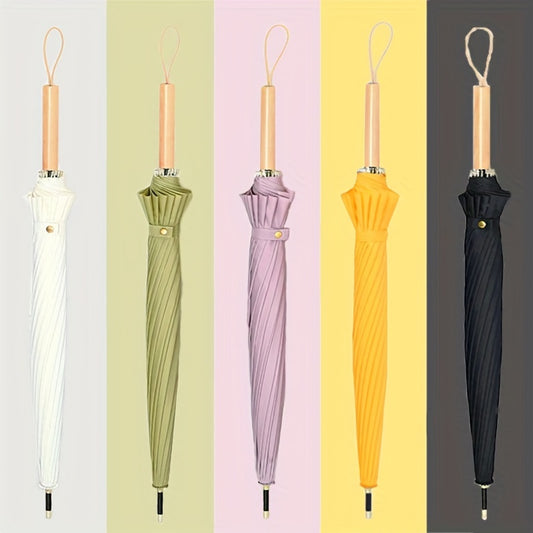 16 Ribs Long Handle Umbrella Wooden Waterproof Windproof Umbrella