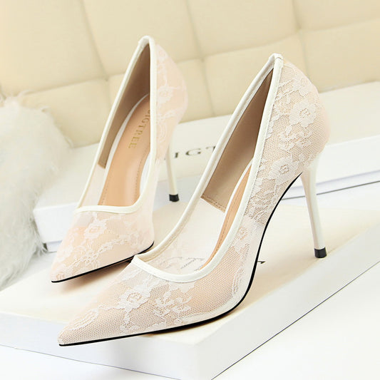 Women's Stiletto High Heels Lace Pointed Toe Shoes