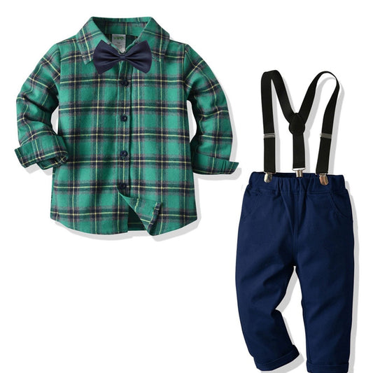 Boys Plaid Shirt with Bow & Suspender Trousers Set