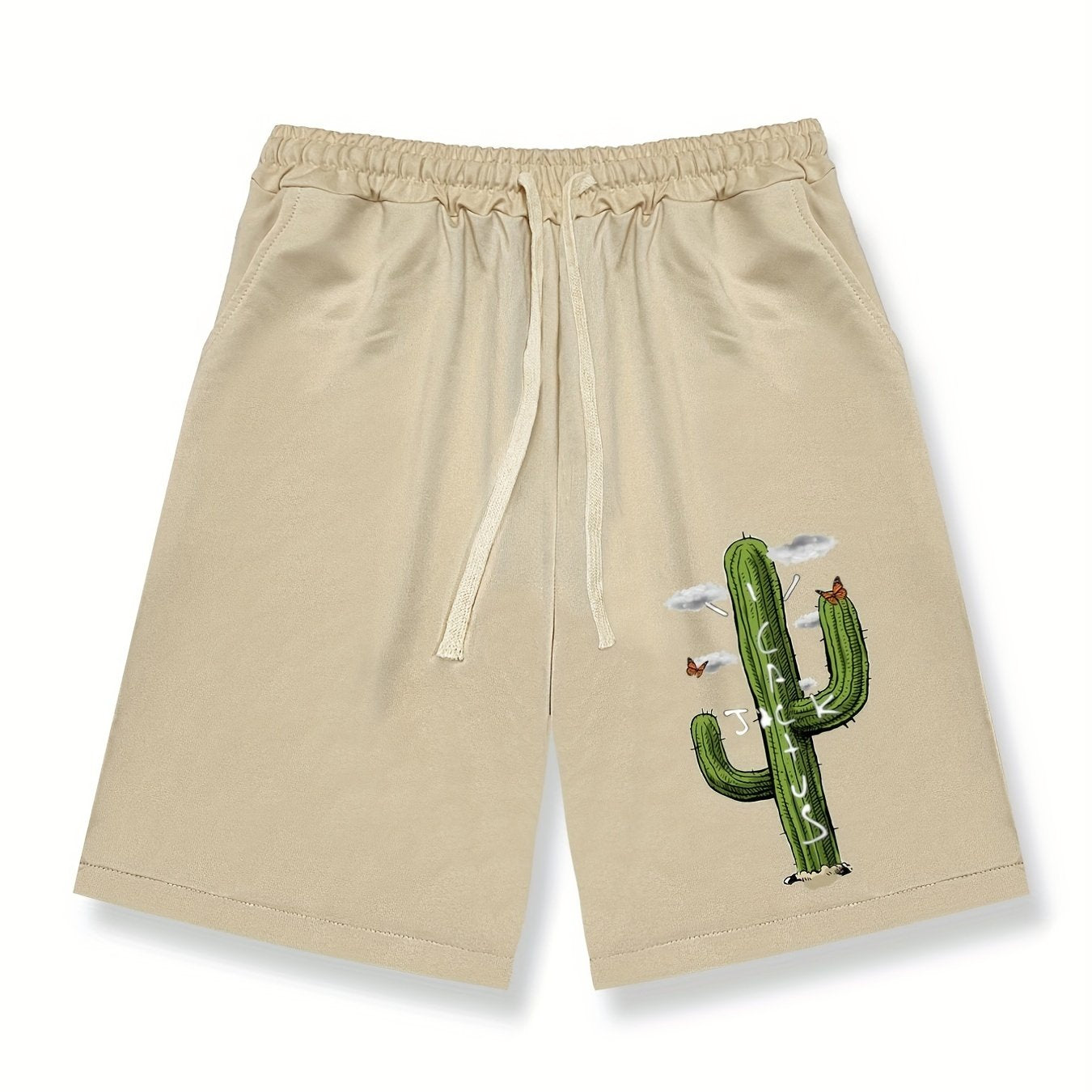 Cactus Pattern Comfy Shorts Men's Casual Solid Elastic Waist Drawstring Shorts