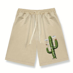 Cactus Pattern Comfy Shorts Men's Casual Solid Elastic Waist Drawstring Shorts