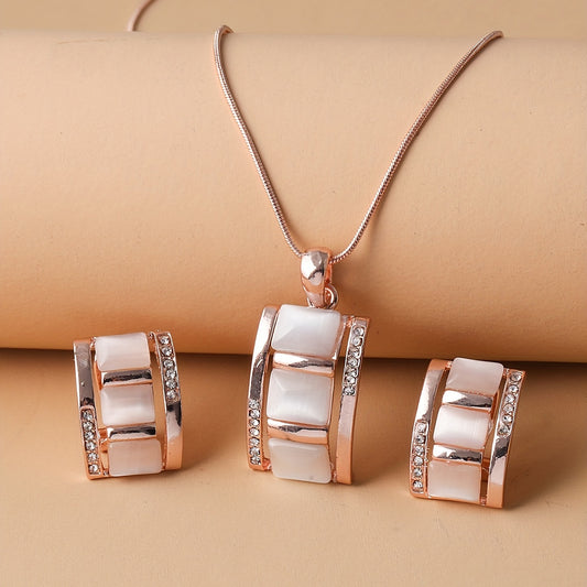 Opal Necklace & Earrings Set Rhinestone Gemstone Jewelry