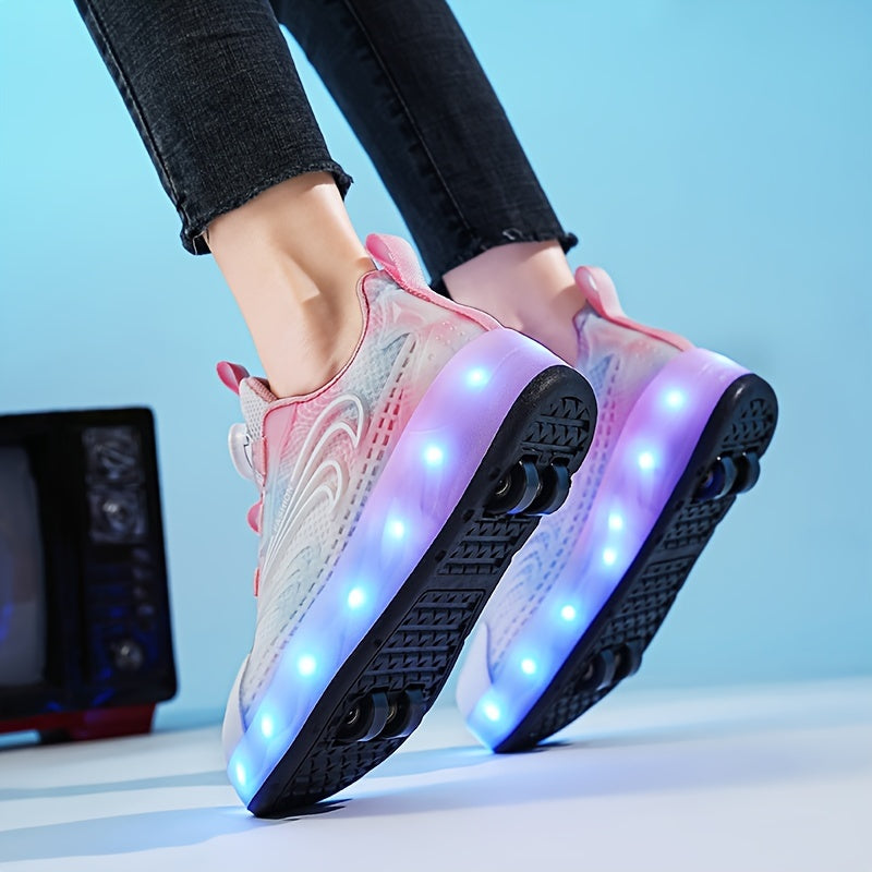 Girl's LED Light Up Roller Shoes with Rotating Buckle - Comfy Wheel Skate