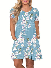  Women's Rose Print Short Sleeve Midi Dress With Pockets