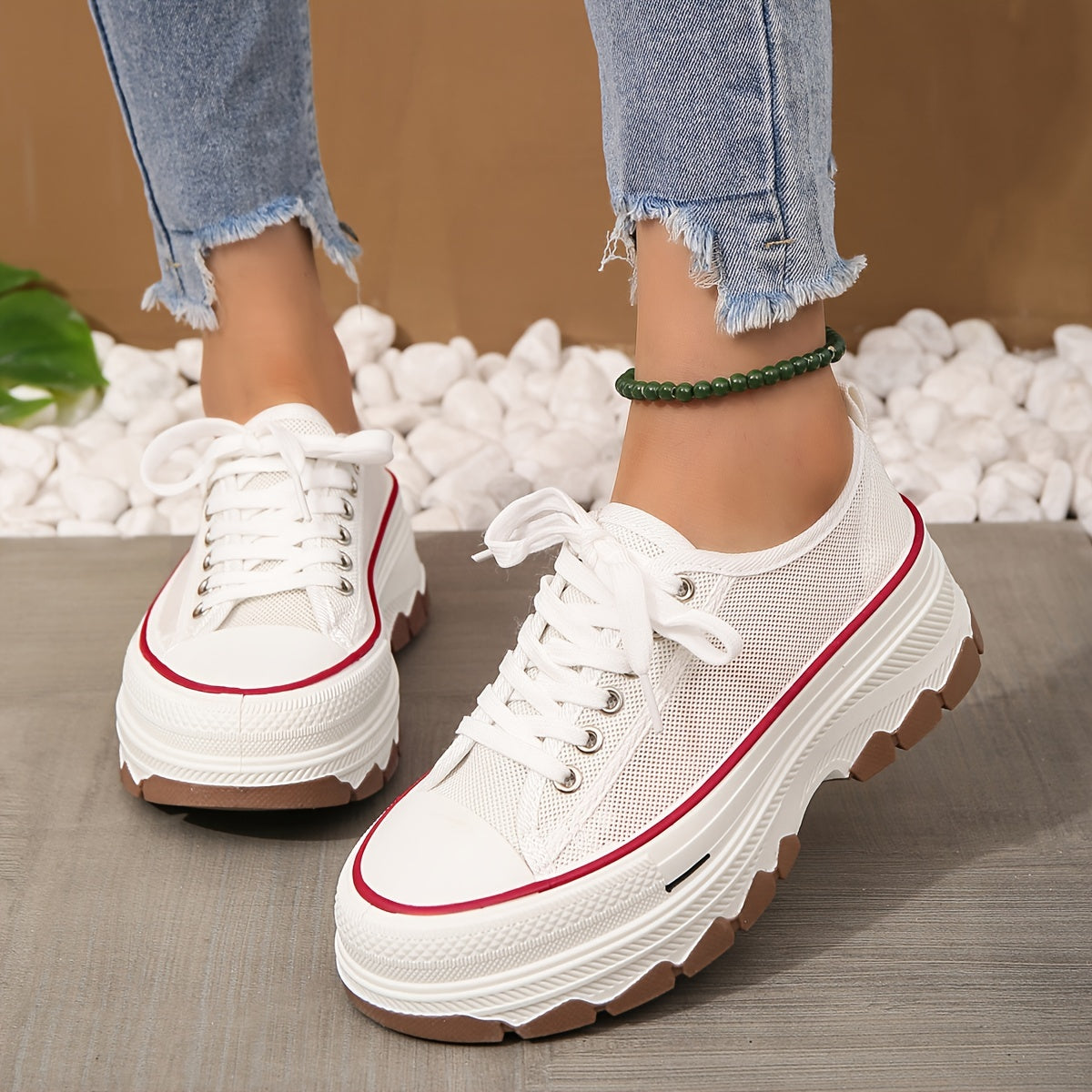 Women's Mesh Sneakers Lace Up Low Round Toe Thick Bottom Shoes