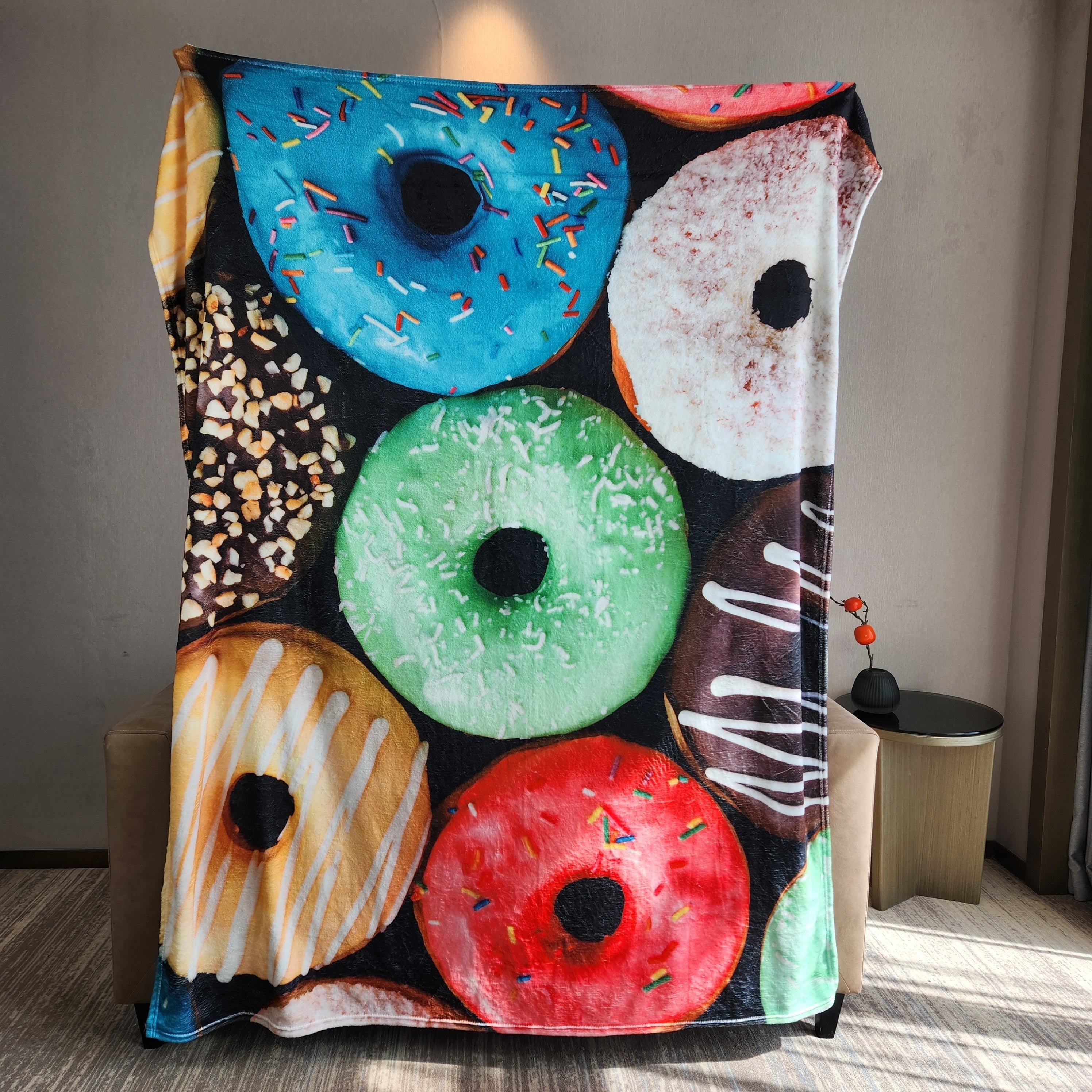 3D Donut Print Throw Blanket Warm Flannel Casual Blanket