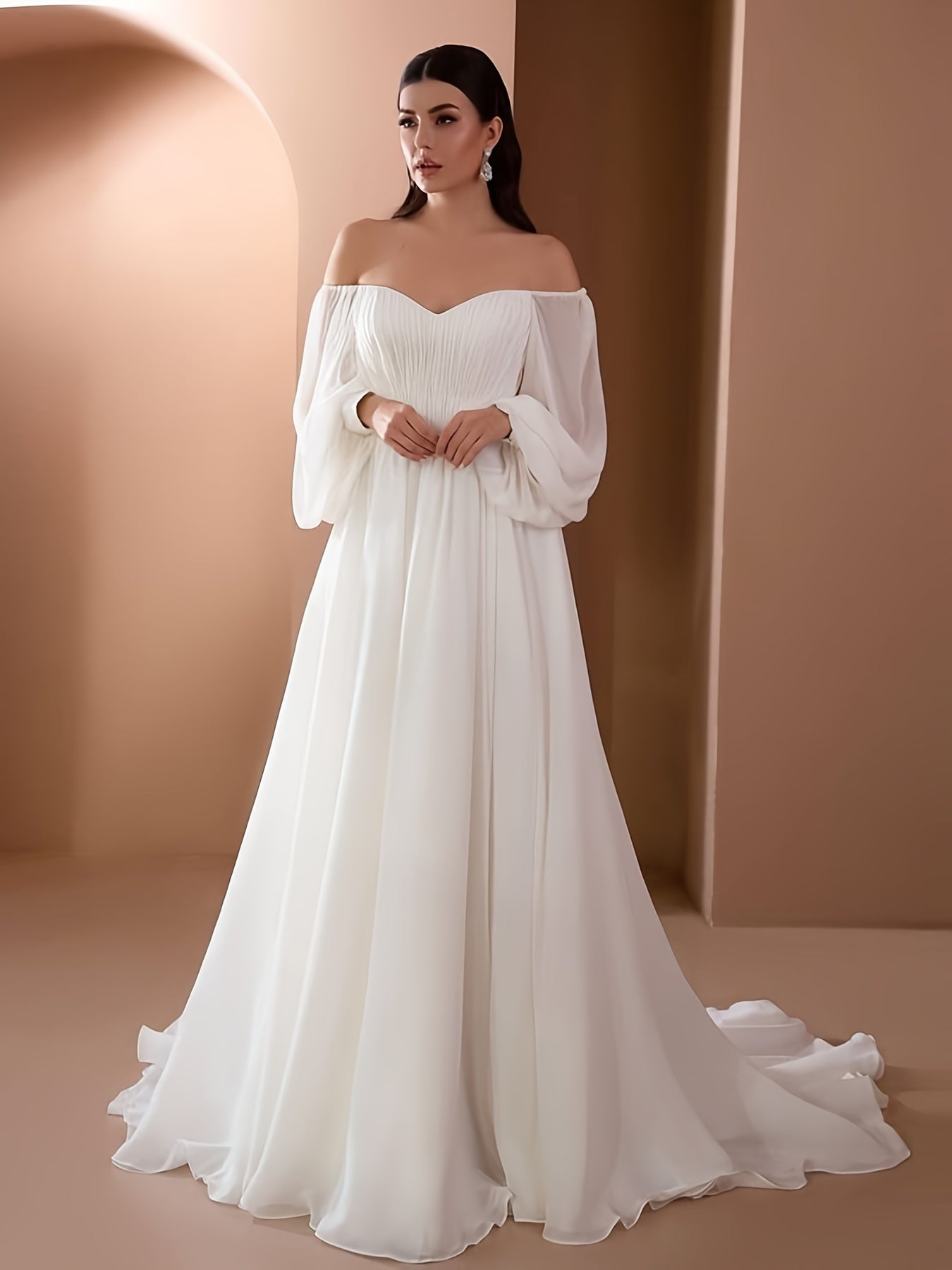 Off Shoulder Gown Wedding Dresses Ruched High Waist Dress