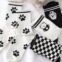 5 Pairs Bear & Plaid Print Socks Mid Tube Women's Stockings