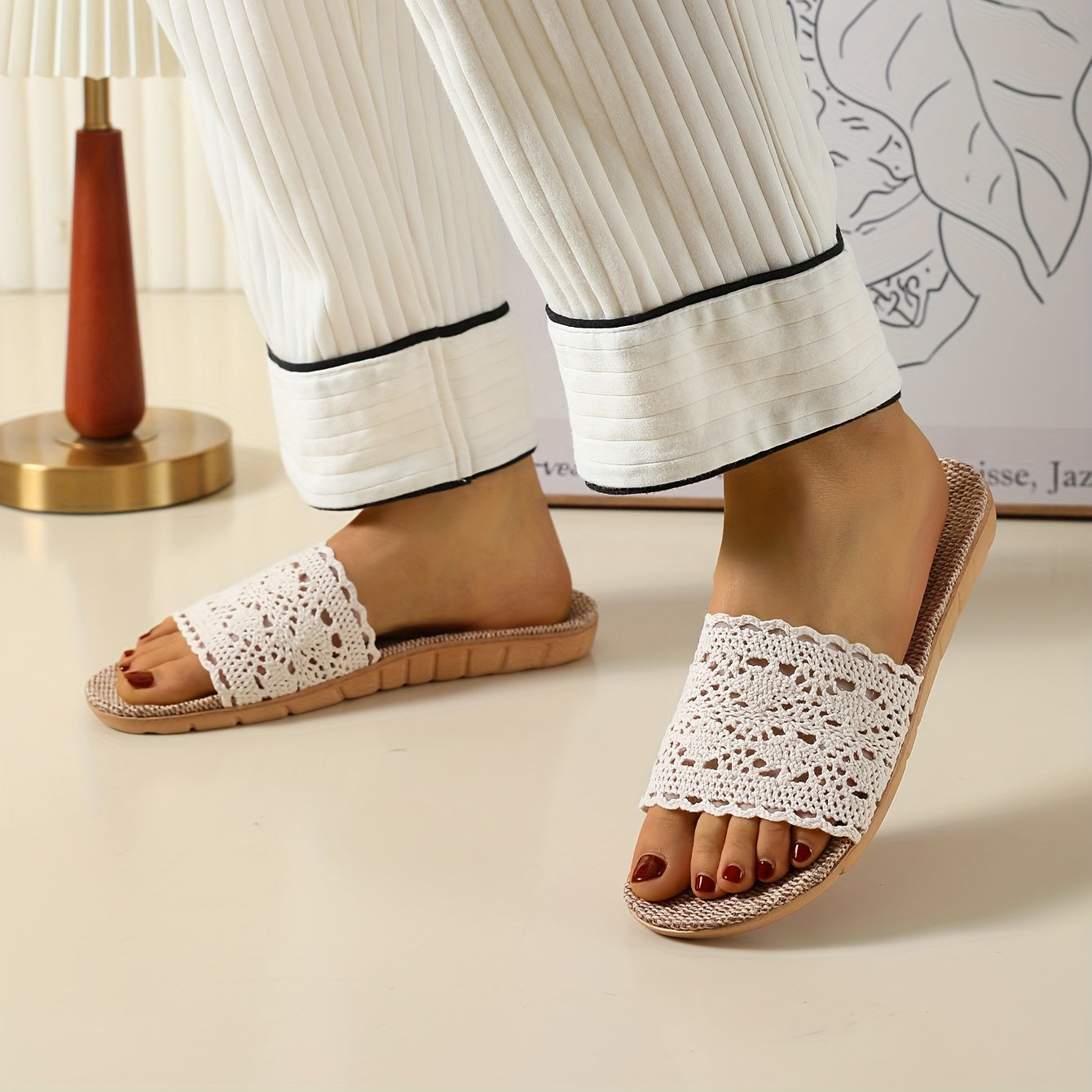 Women's Breathable Mesh Linen Slippers Open Toe Hollow Out Solid Slip On Slides