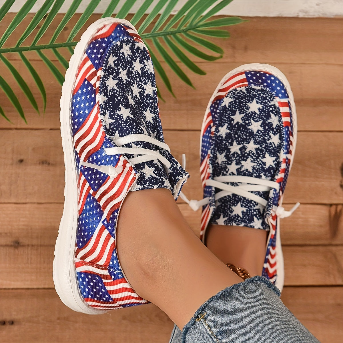Women's Flag Pattern Shoes Lace Up Low Top Lightweight Casual Flat Shoes