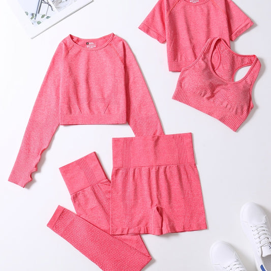 5-Piece Ribbed Seamless Crop Tank High Waist Yoga Leggings Set