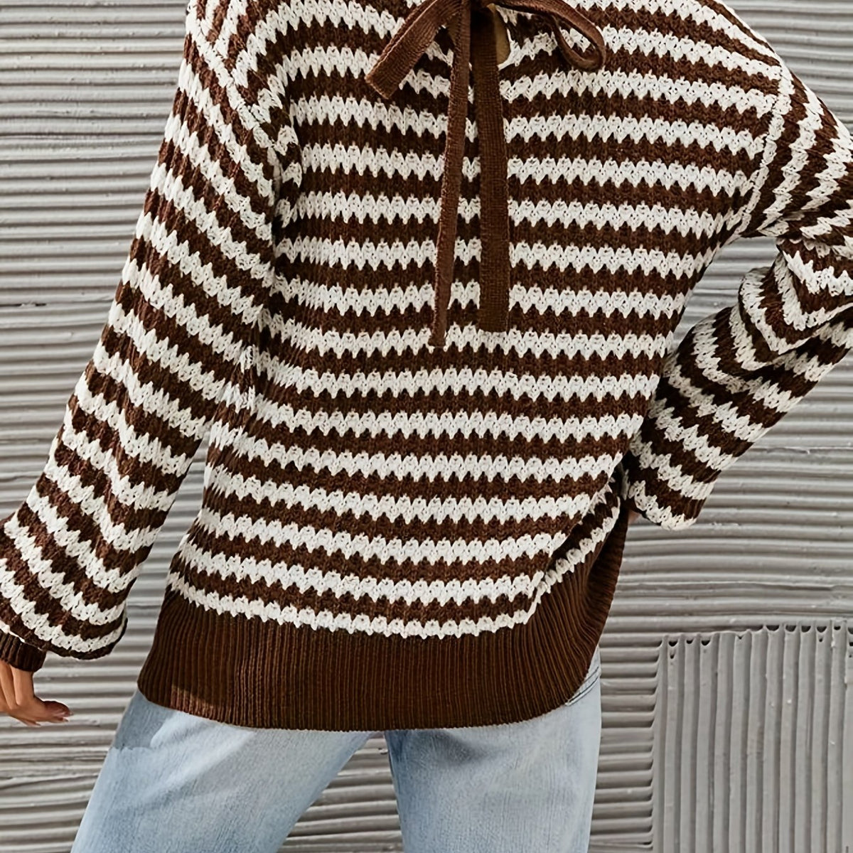  Casual Stripe Print Long Sleeve Round Neck Pullover Sweater