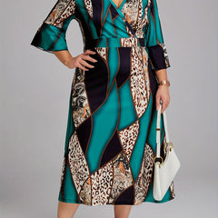  Colorblock Leopard Print Surplice Neck Dress