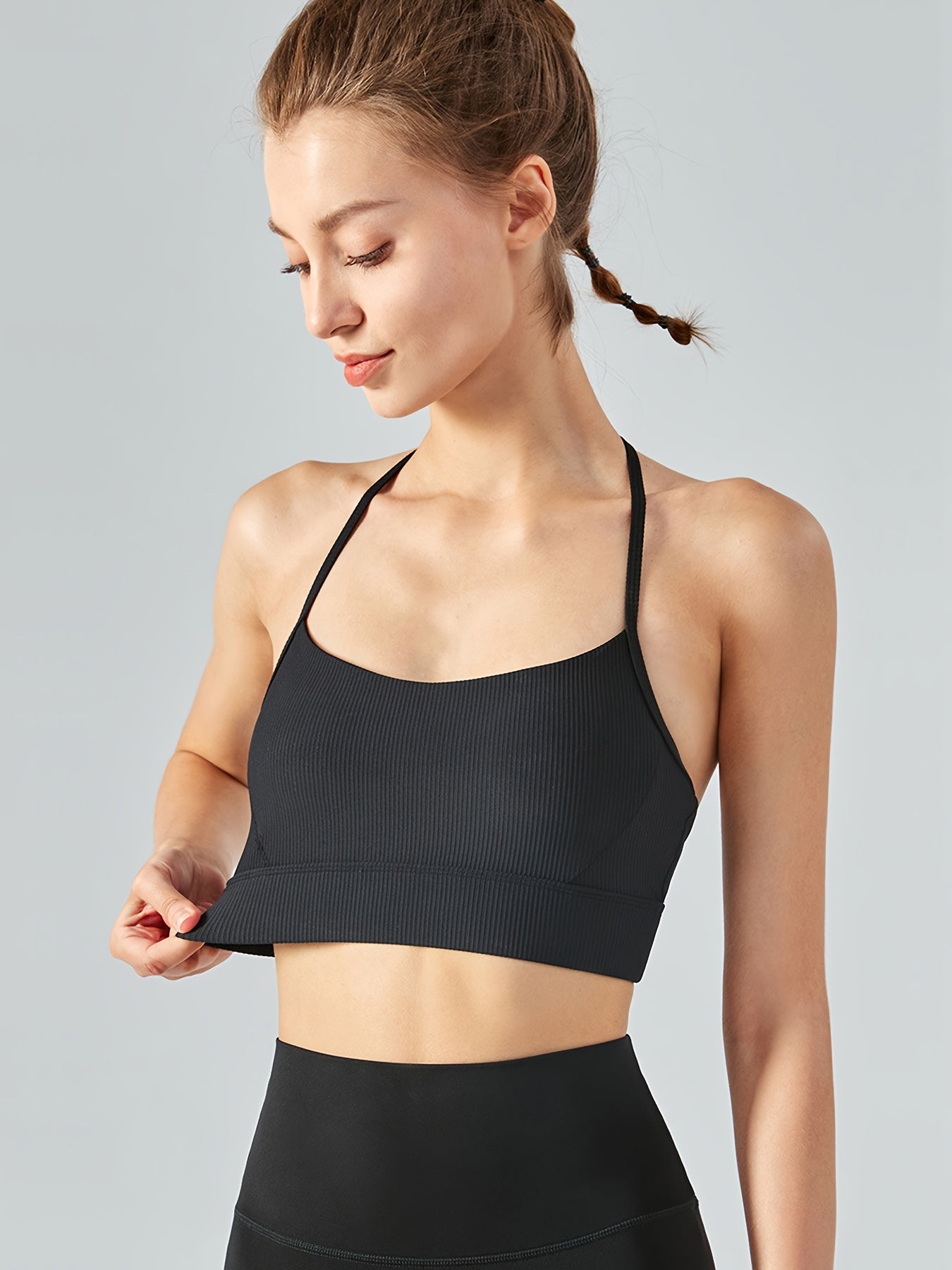Solid Halter Neck Sports Bra High Stretch Running Yoga Bra