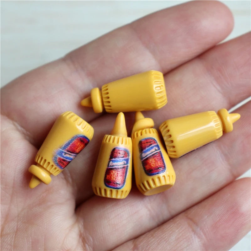 1:6 Dollhouse Sauce Bottles Set - Ketchup, Mustard, Mayonnaise, Soy Sauce, BBQ