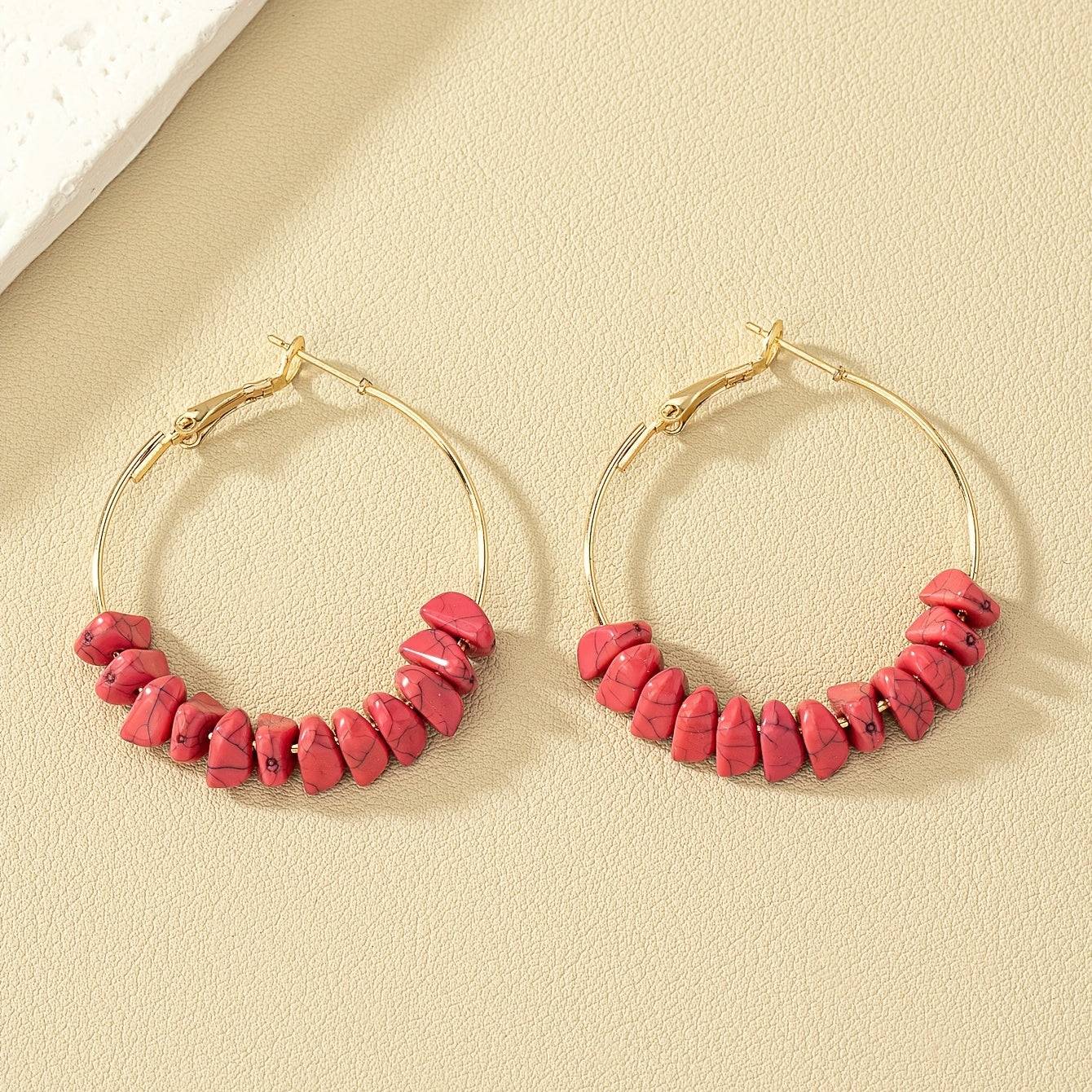 Red Coral Acrylic Round Earrings 14K Plated