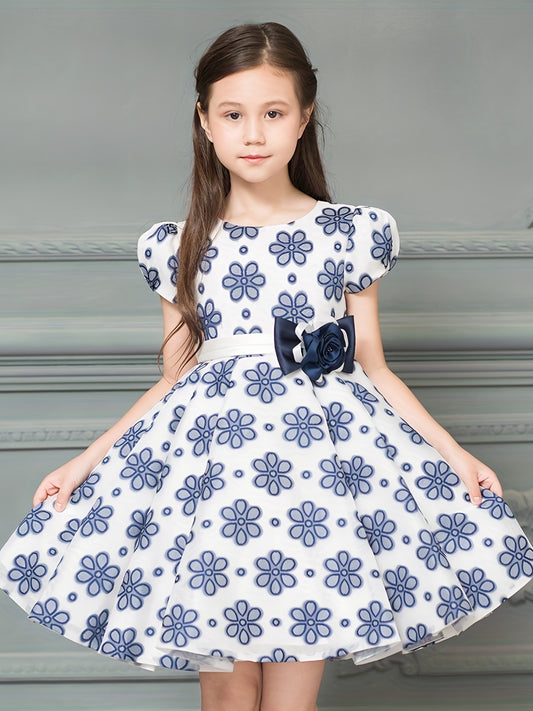 Girls Floral Print Short Sleeve Dress With Belt