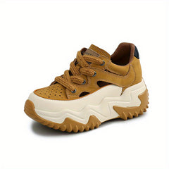 Women's Cutout Chunky Sneakers Lace Up Breathable Thick Sole Walking Shoes