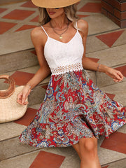 Floral Print Lace Cami Dress V neck Backless Spaghetti Dress