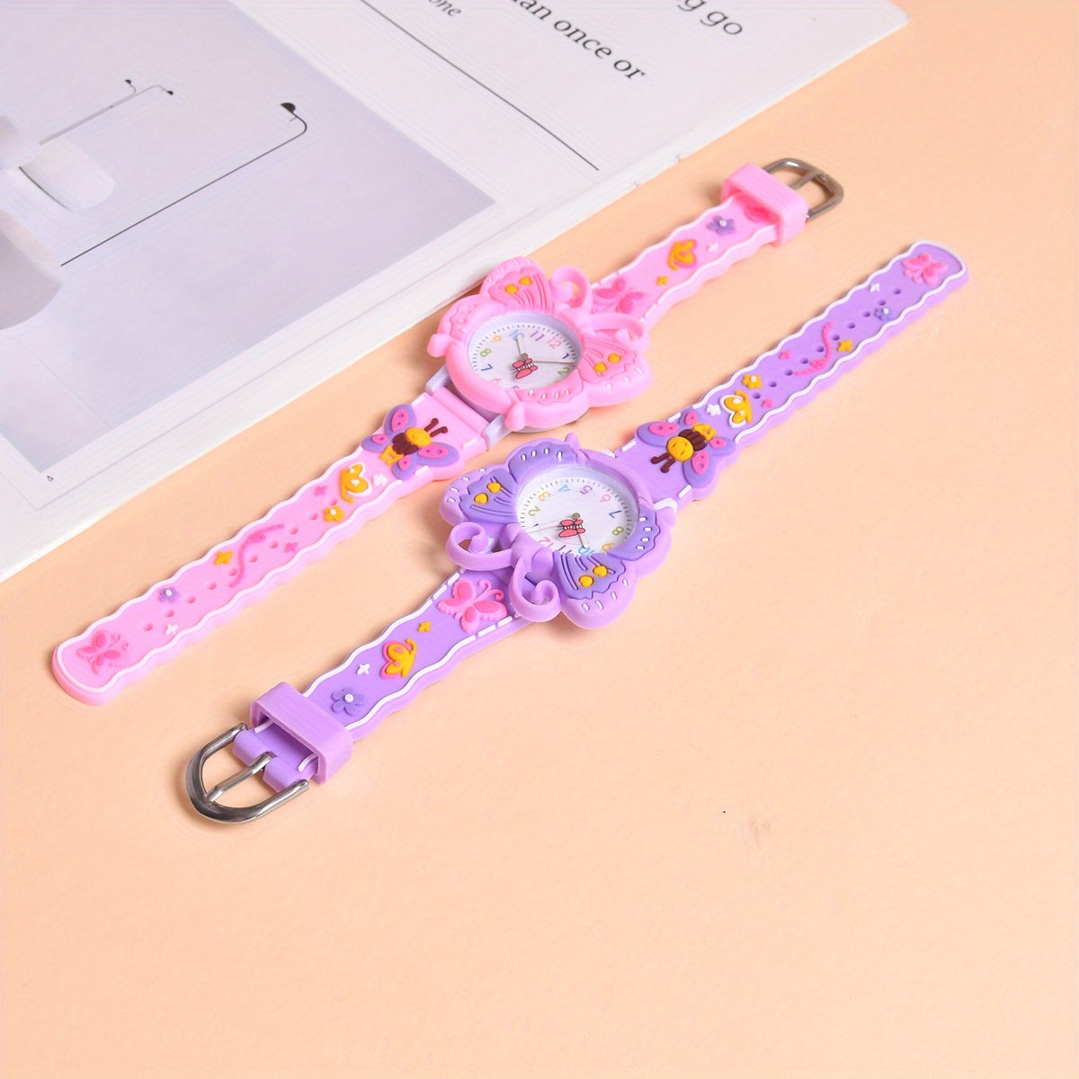 2pcs 3D Butterfly Pony Strap Quartz Watch Small Wristwatch