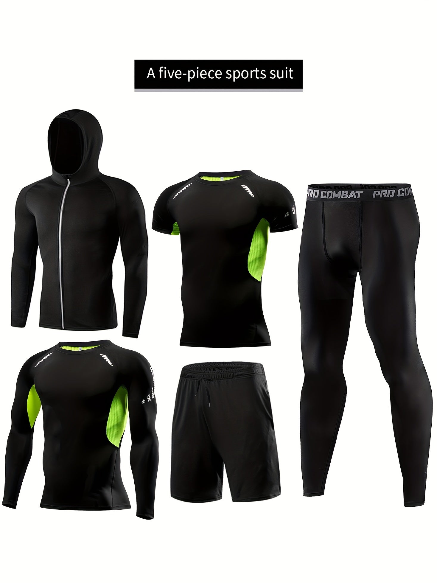 Xinso Men's 5pcs Fitness Set: Hooded Jacket, Compression Shirt