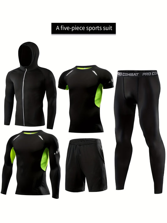 Xinso Men's 5pcs Fitness Set: Hooded Jacket, Compression Shirt