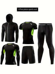 Xinso Men's 5pcs Fitness Set: Hooded Jacket, Compression Shirt