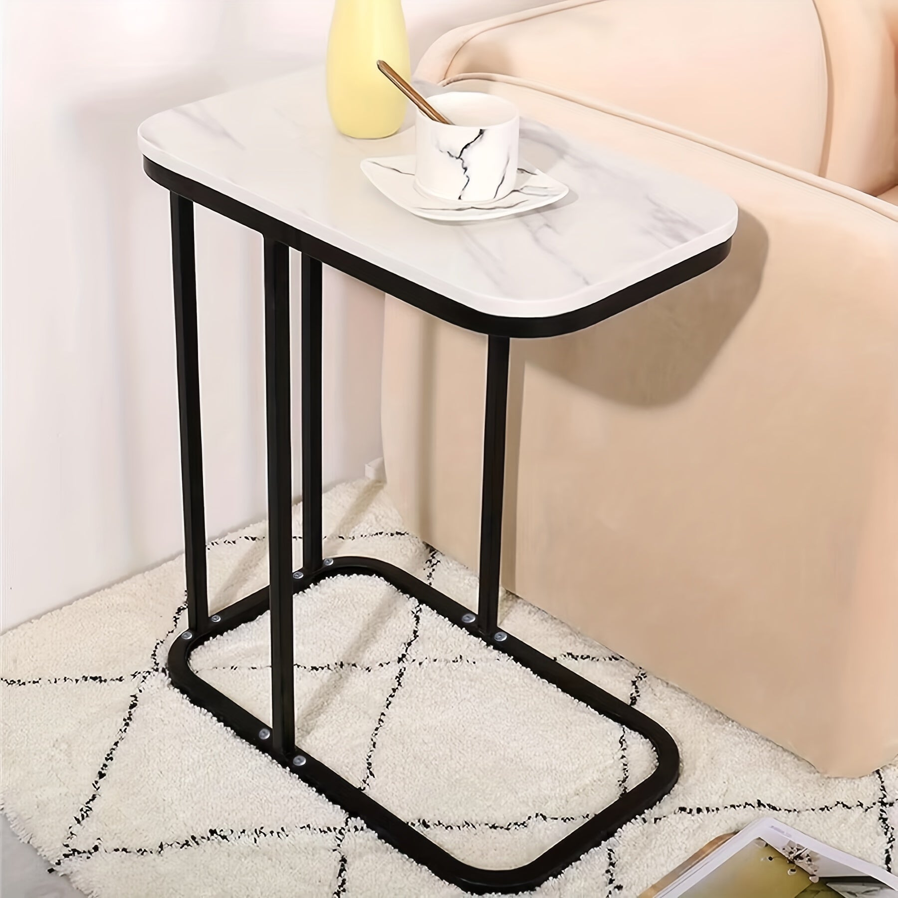 Marble Pattern C-Shaped End Table for Living Room, Bedroom