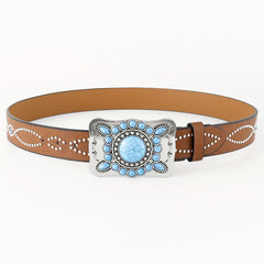 Boho Turquoise Belt Square Buckle Rhinestone Decor PU Belt
