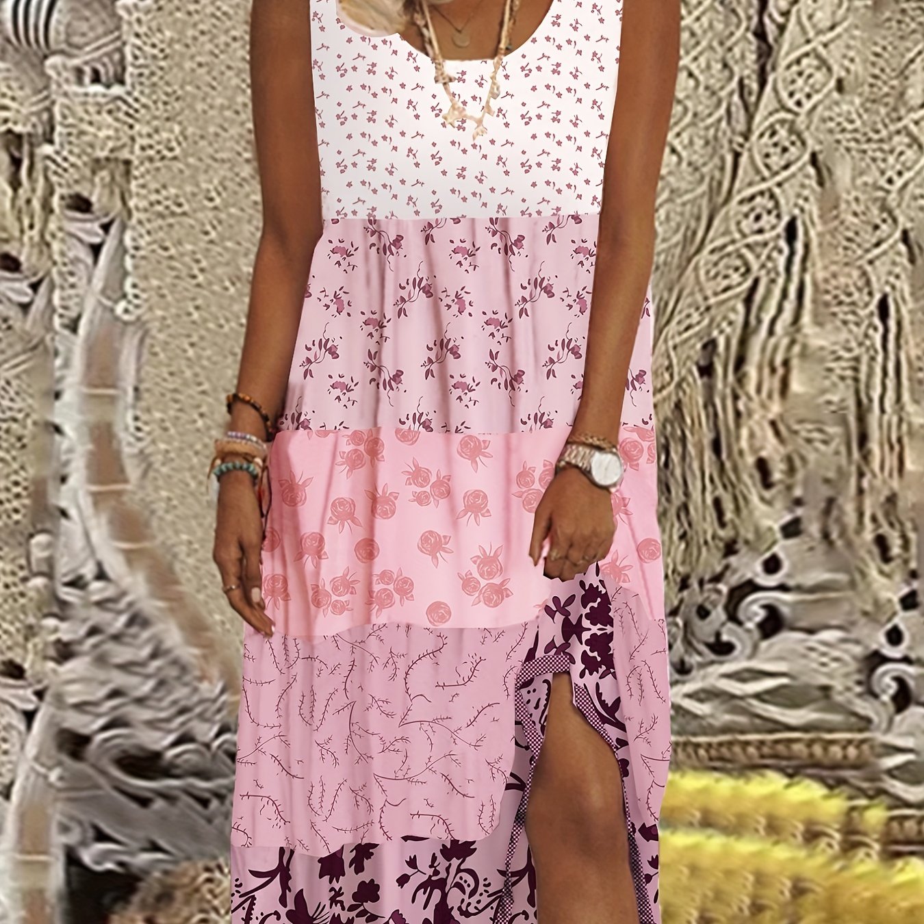  Colorblock Floral Print Tank Dress