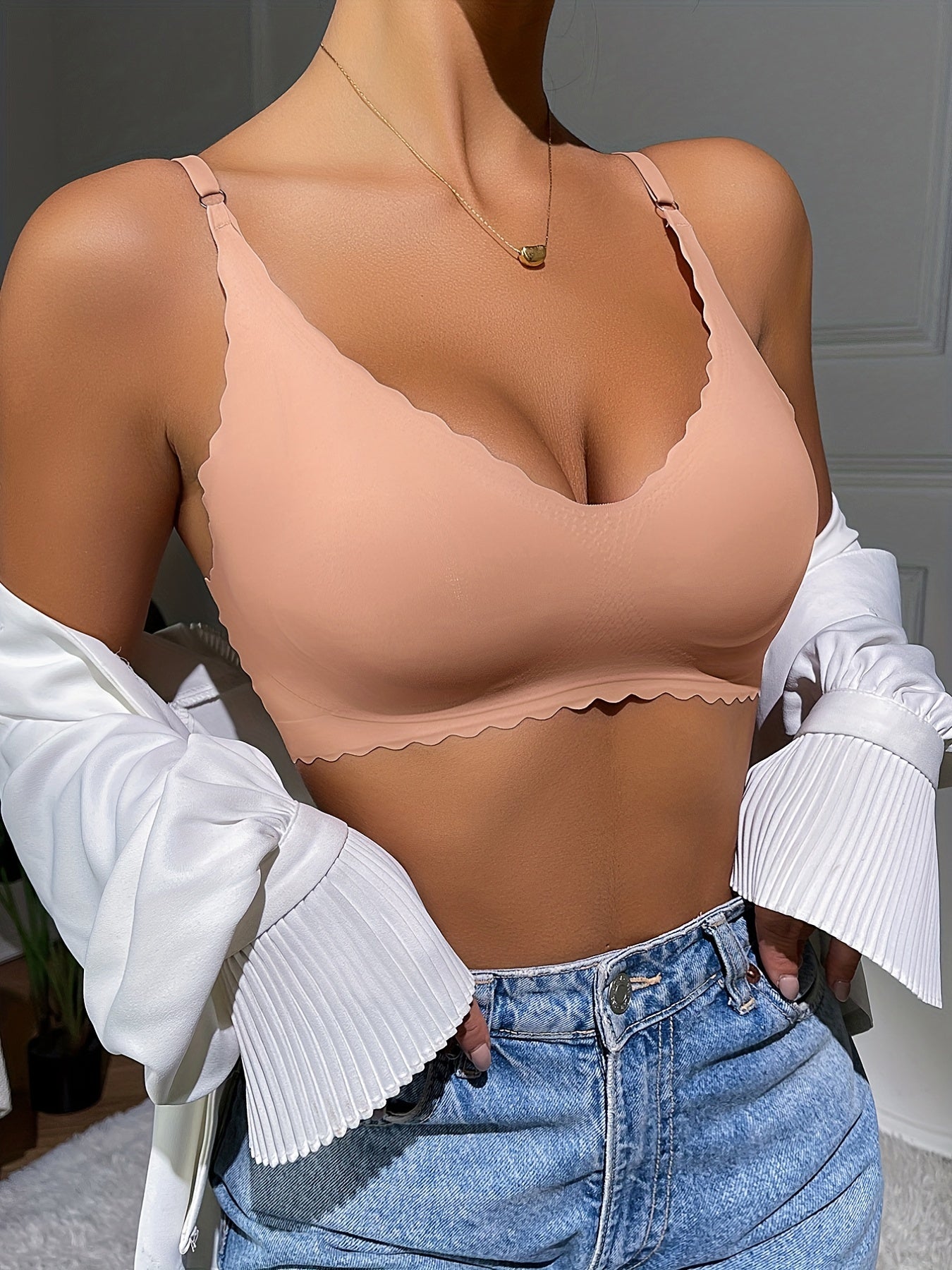 Scallop Trim Wireless Bra Soft Seamless Everyday Lingerie