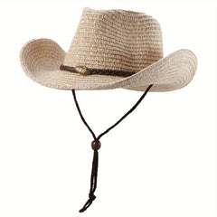 Summer Straw Cowboy Hat Western Style Unisex Windproof Crushable Hat