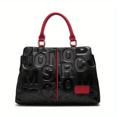 Women's Embossed Leather Tote Bag with Red Accents