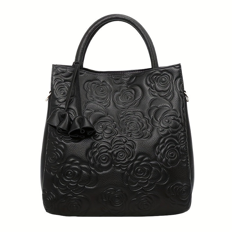 Flower Embossed Leather Tote Bag Top Handle Purse