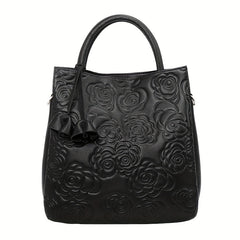 Flower Embossed Leather Tote Bag Top Handle Purse