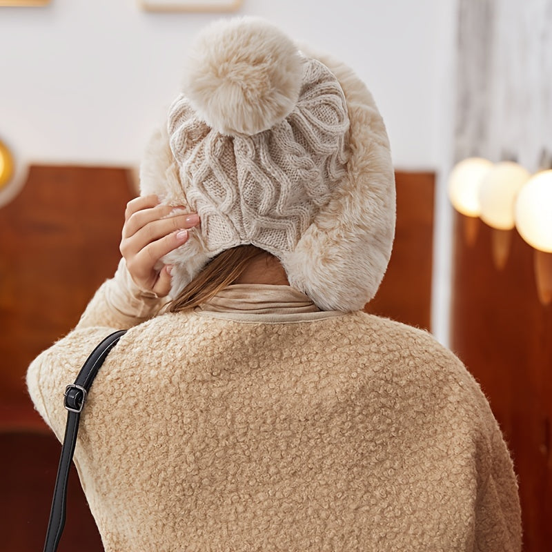 Fur Beanie Hat With Pom Pom Fuzzy Trapper Hat Ears Warm Knit Cap
