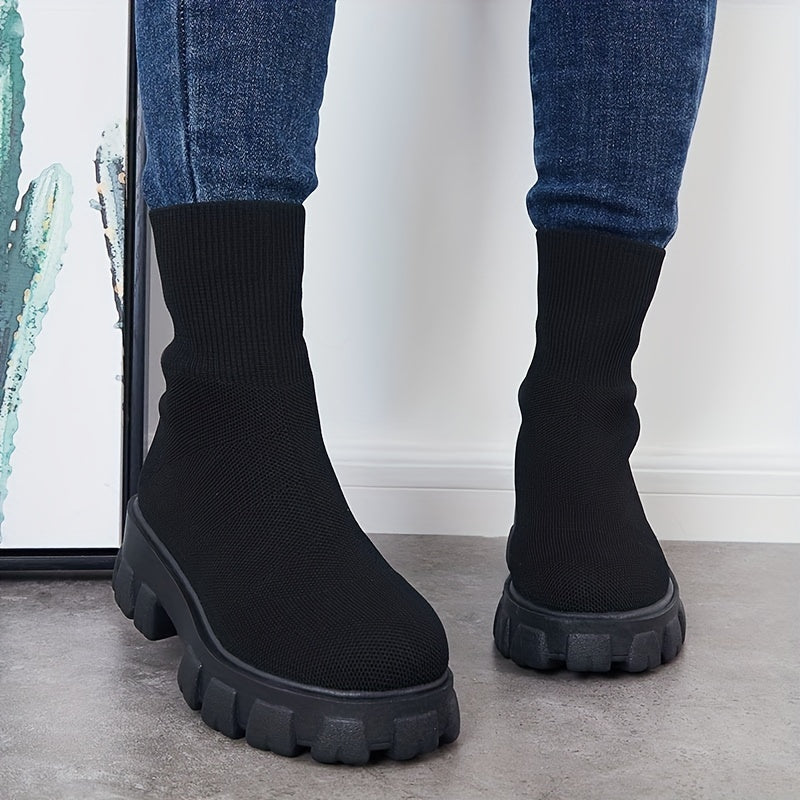 Women's Knitted Short Boots Slip On Stretch Boots Outdoor Non Slip Shoes