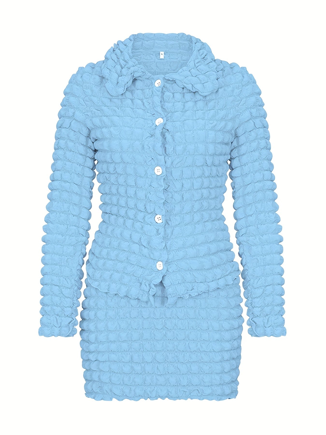 Popcorn Style Two Piece Skirt Set Button Front Top & Textured Skirt