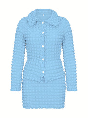 Popcorn Style Two Piece Skirt Set Button Front Top & Textured Skirt