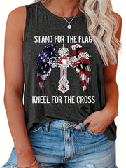  Casual Tank Top Women's Plus Cross & Wing & Slogan Print Round Neck