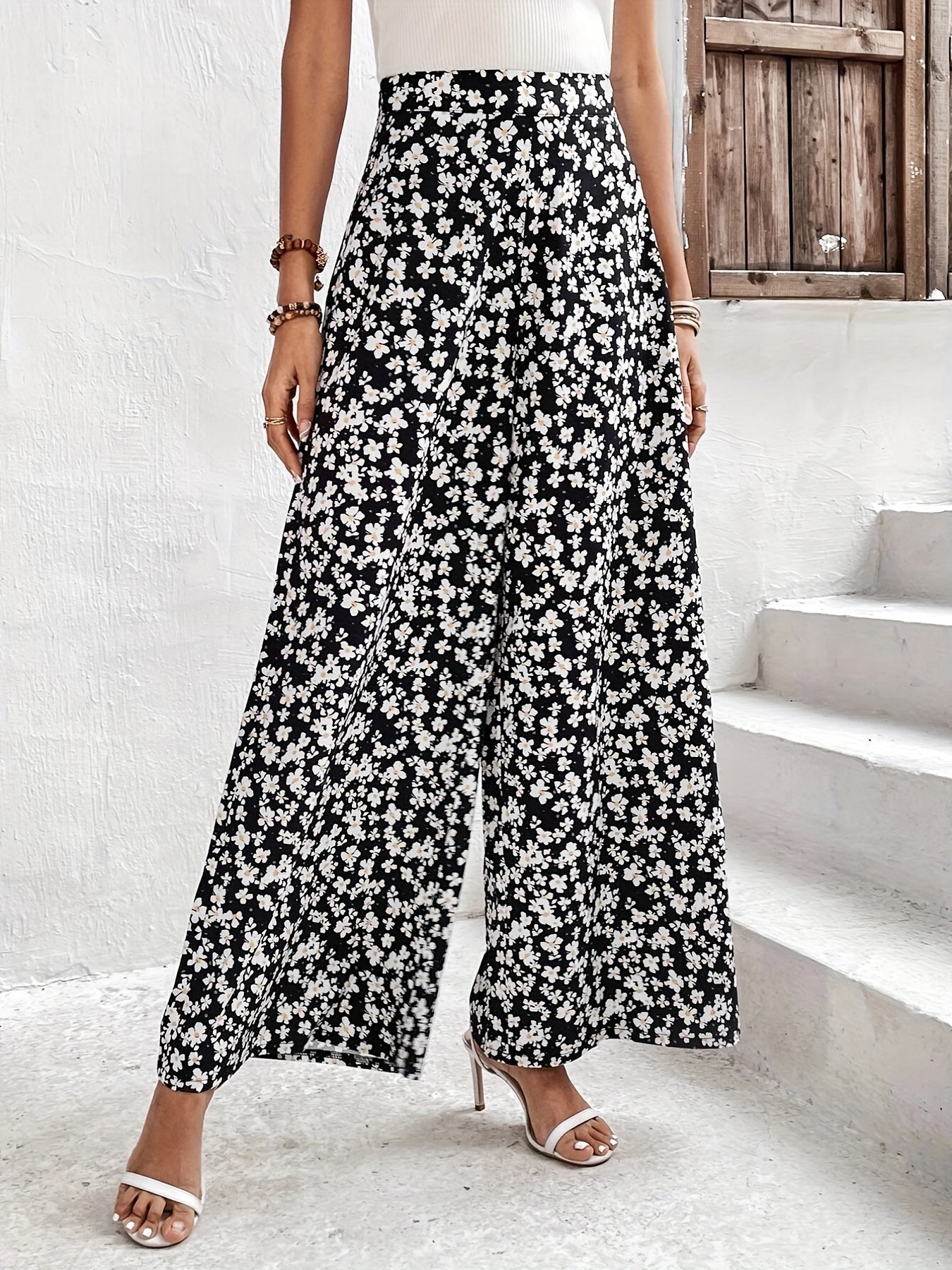 Plus Ditsy Print High Rise Wide Leg Pants
