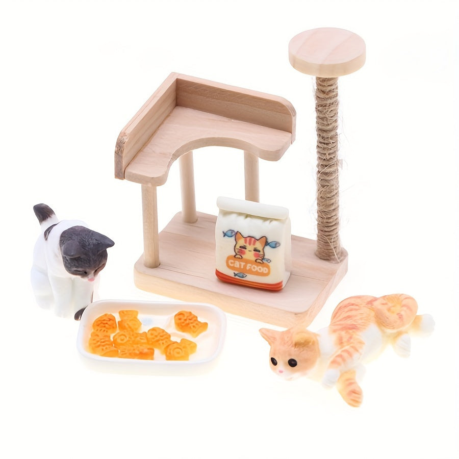 Wooden Cat Tree Dollhouse Accessory Set with Feeding Station & Decorative Items