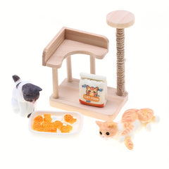 Wooden Cat Tree Dollhouse Accessory Set with Feeding Station & Decorative Items