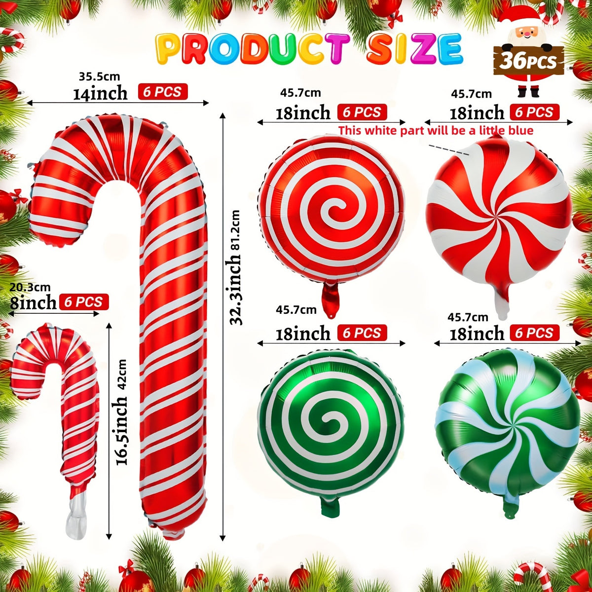 36pcs Christmas Candy Balloons Kit Large Swirl Cane Candy Foil Balloons