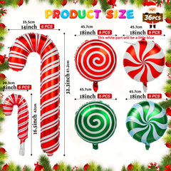 36pcs Christmas Candy Balloons Kit Large Swirl Cane Candy Foil Balloons