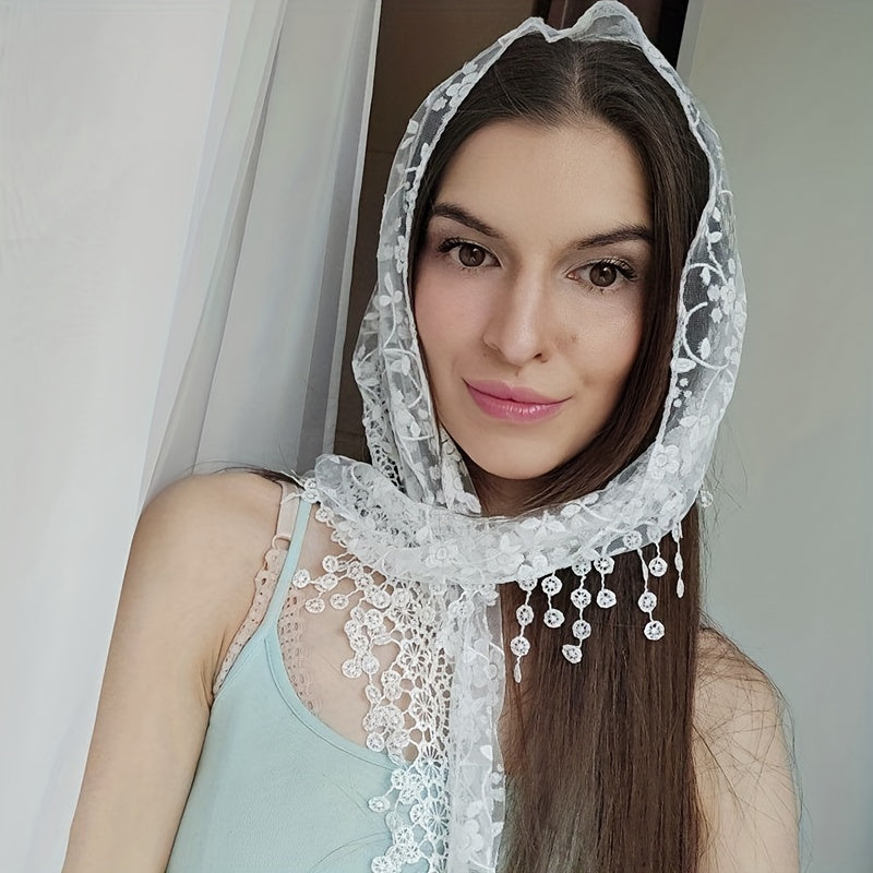 Lace Tassel Triangle Scarf Solid Flower Embroidery Shawl Mesh