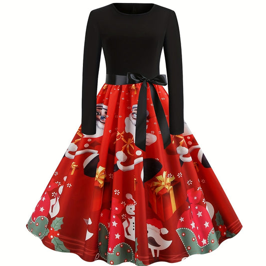  Colorblock Graphic Print Long Sleeve Round Neck Dress