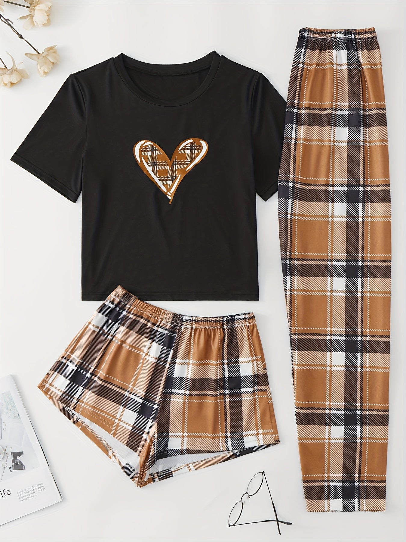 Heart Print Pajama Set Short Sleeve Crew Neck Top & Plaid Shorts & Lounge Pants